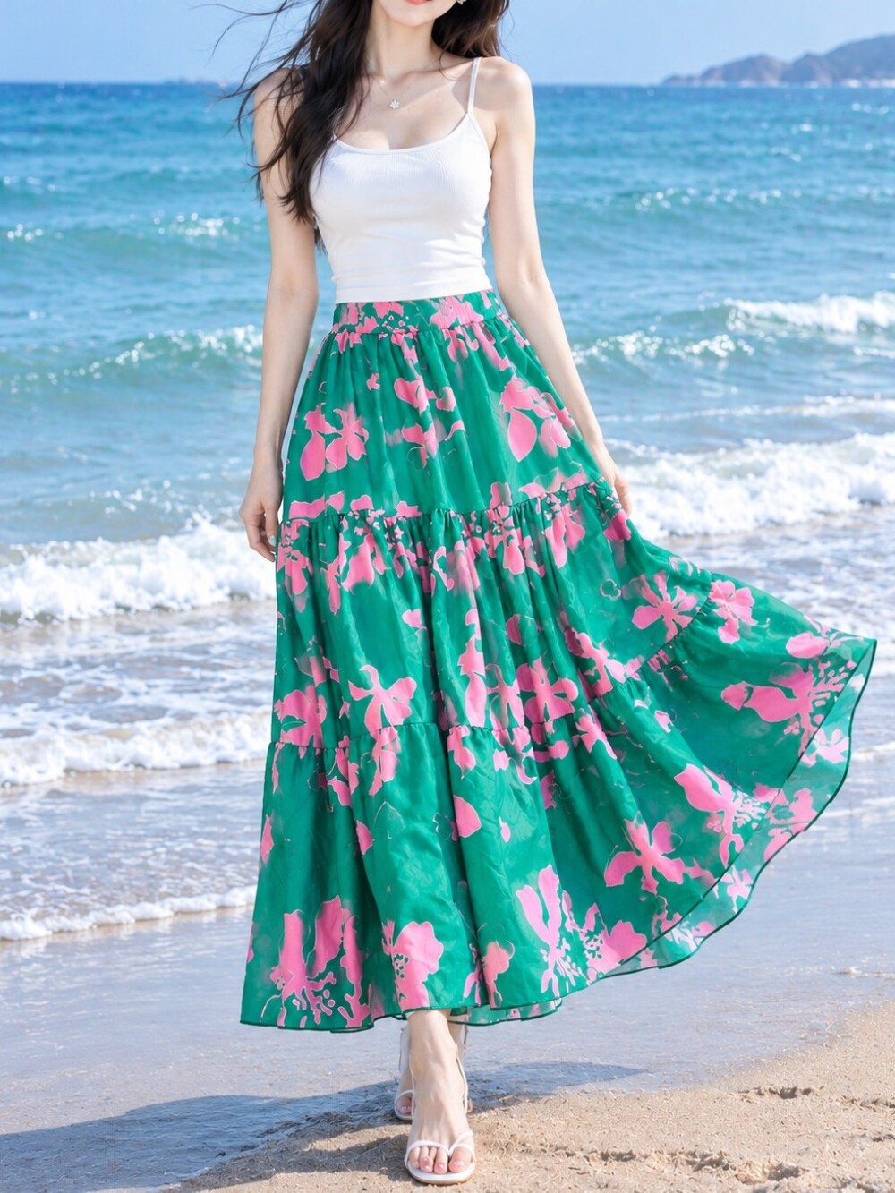 High-Waist Green and Pink Floral Tiered Maxi Skirt